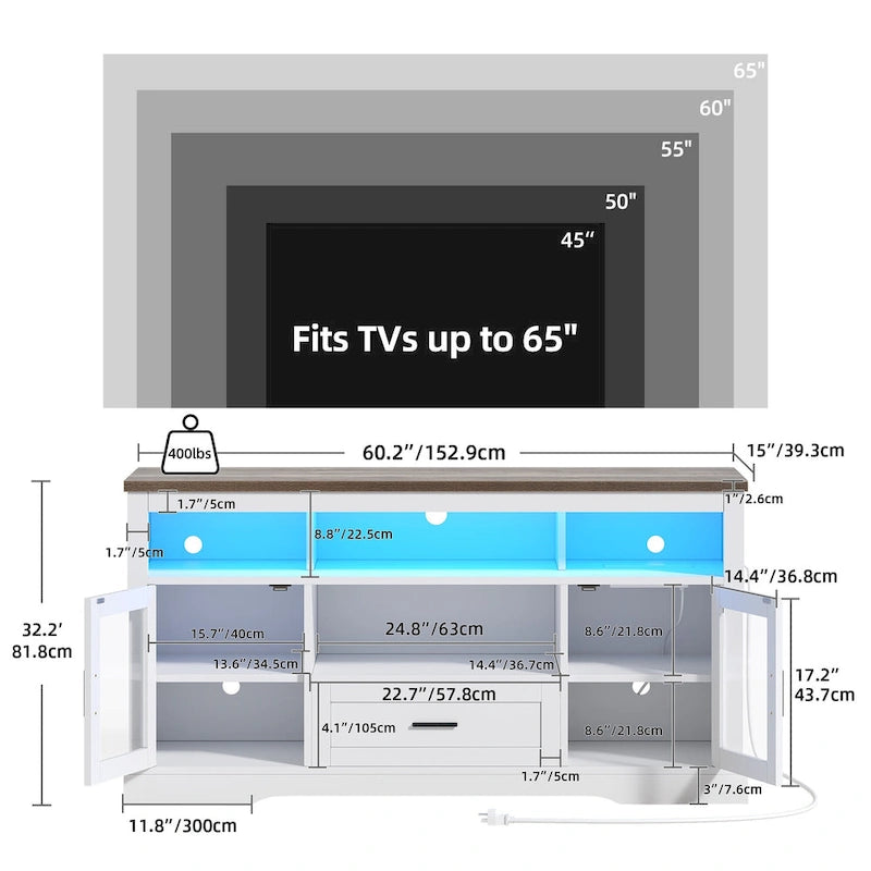 Meuble TV 153,6 cm, LED RVB, Portes en acrylique, Prises et USB intégrés, Style ferme, Blanc, 1 unité