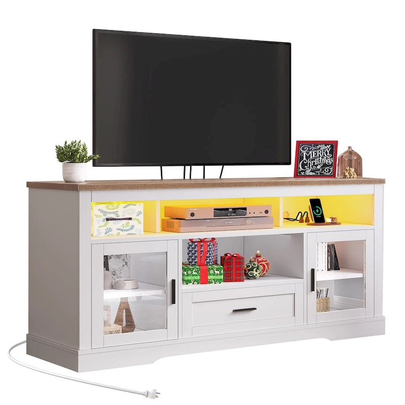 Meuble TV 153,6 cm, LED RVB, Portes en acrylique, Prises et USB intégrés, Style ferme, Blanc, 1 unité