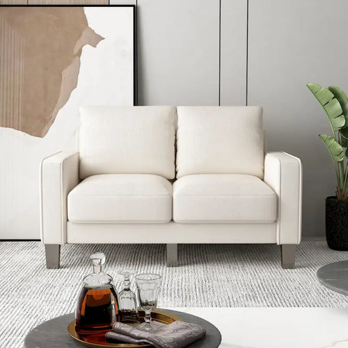 Canapé 2+3 places, 100% polyester, structure en bois massif et métal, rangement sous l'assise, style moderne, beige, 5 personnes