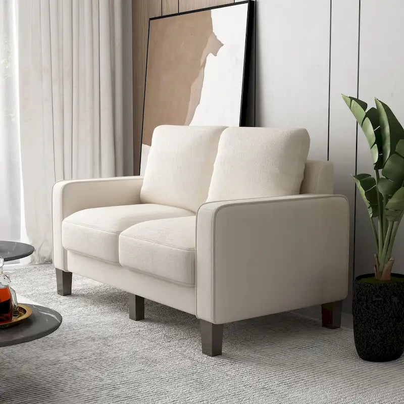 Canapé 2+3 places, 100% polyester, structure en bois massif et métal, rangement sous l'assise, style moderne, beige, 5 personnes