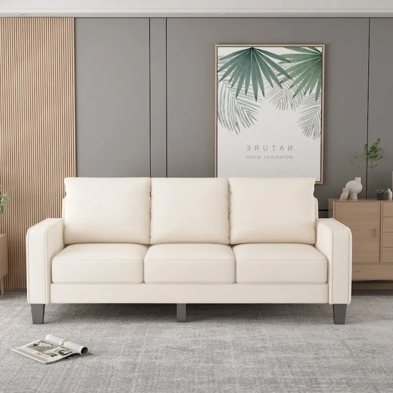 Canapé 2+3 places, 100% polyester, structure en bois massif et métal, rangement sous l'assise, style moderne, beige, 5 personnes