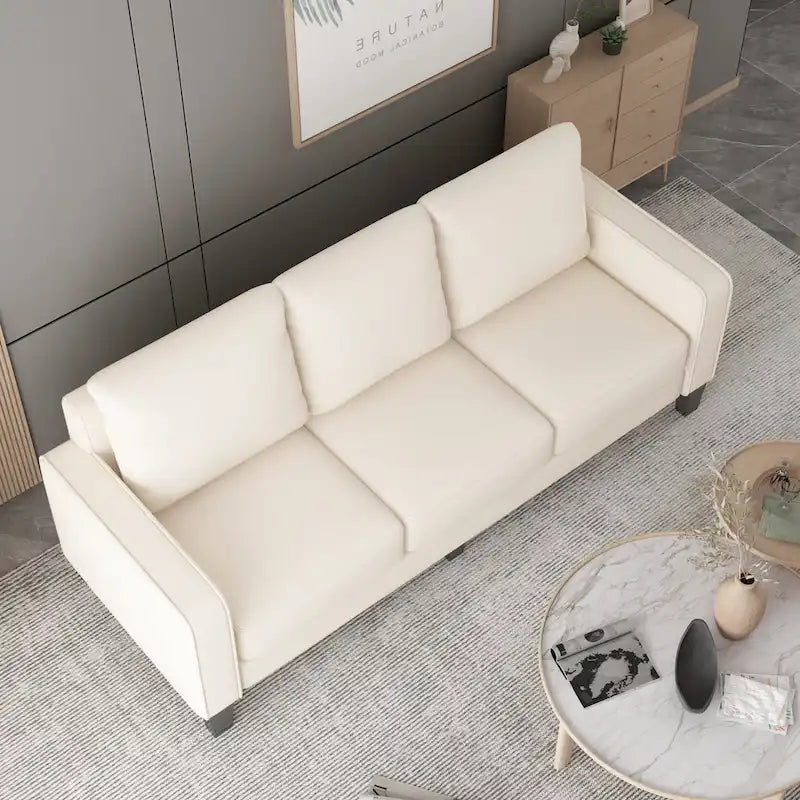 Canapé 2+3 places, 100% polyester, structure en bois massif et métal, rangement sous l'assise, style moderne, beige, 5 personnes