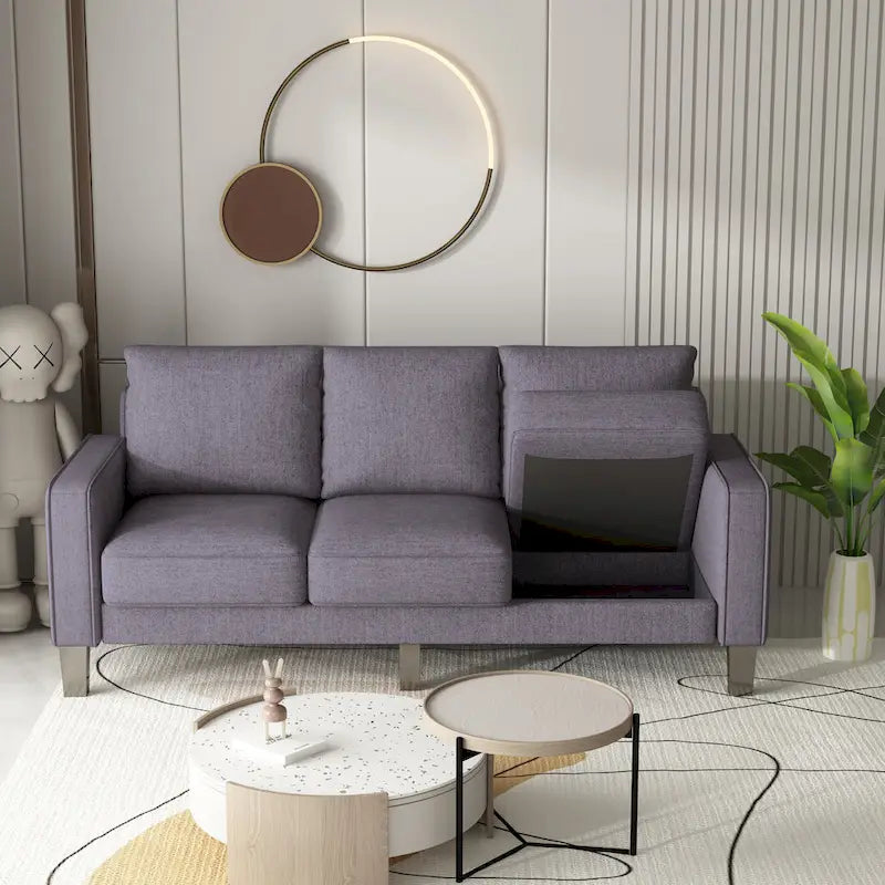 Canapé 2+3 places, 100% polyester, structure en bois massif et métal, rangement sous l'assise, style moderne, beige, 5 personnes