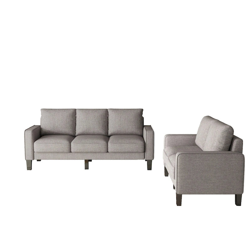 Canapé 2+3 places, 100% polyester, structure en bois massif et métal, rangement sous l'assise, style moderne, beige, 5 personnes