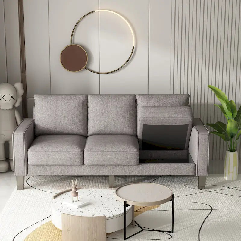 Canapé 2+3 places, 100% polyester, structure en bois massif et métal, rangement sous l'assise, style moderne, beige, 5 personnes