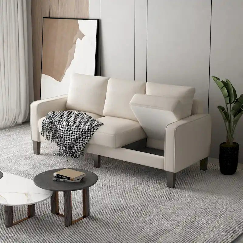 Canapé 2+3 places, 100% polyester, structure en bois massif et métal, rangement sous l'assise, style moderne, beige, 5 personnes