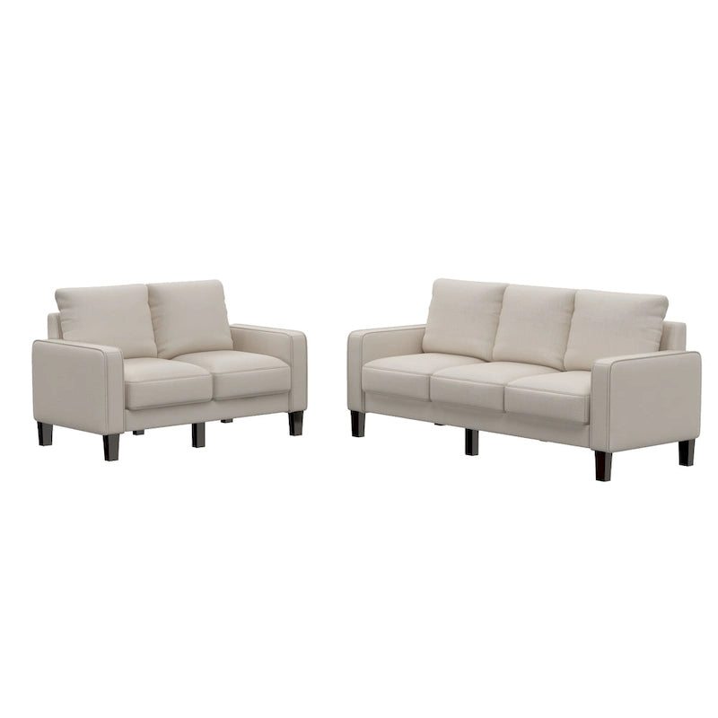 Canapé 2+3 places, 100% polyester, structure en bois massif et métal, rangement sous l'assise, style moderne, beige, 5 personnes
