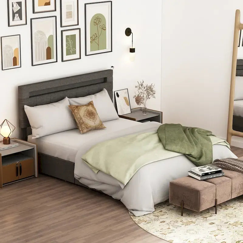 Cadre de lit Queen Size, Tête de lit LED, 4 tiroirs de rangement, Ports de chargement USB, Tissu en lin, Style moderne, Gris, 2 personnes