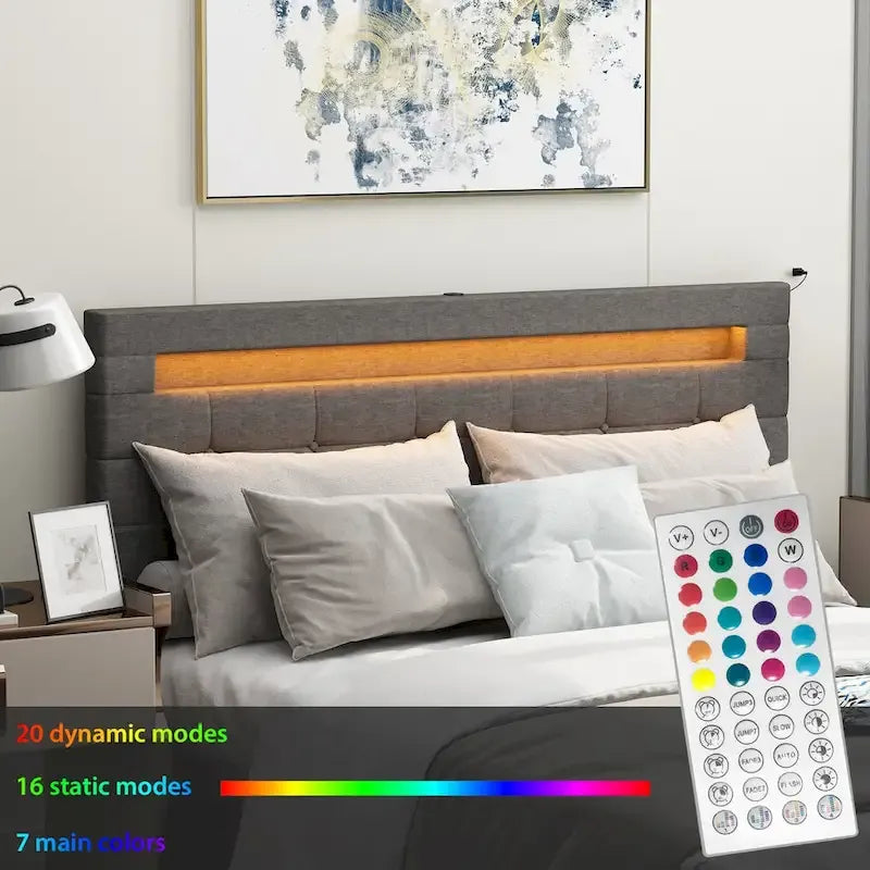 Cadre de lit Queen Size, Tête de lit LED, 4 tiroirs de rangement, Ports de chargement USB, Tissu en lin, Style moderne, Gris, 2 personnes