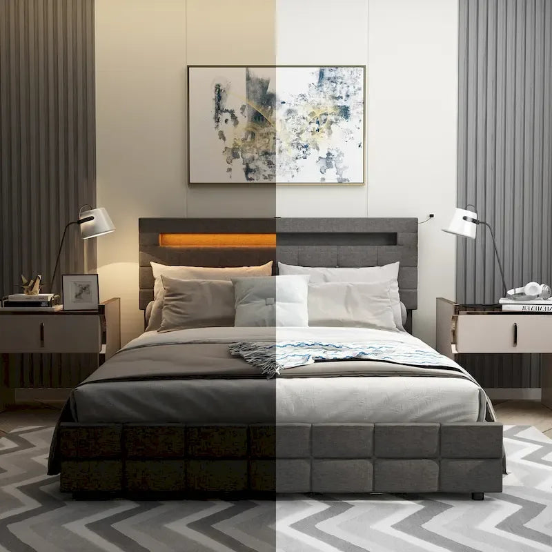 Cadre de lit Queen Size, Tête de lit LED, 4 tiroirs de rangement, Ports de chargement USB, Tissu en lin, Style moderne, Gris, 2 personnes