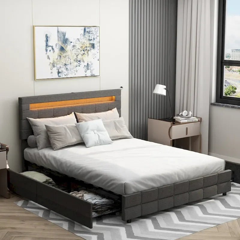 Cadre de lit Queen Size, Tête de lit LED, 4 tiroirs de rangement, Ports de chargement USB, Tissu en lin, Style moderne, Gris, 2 personnes