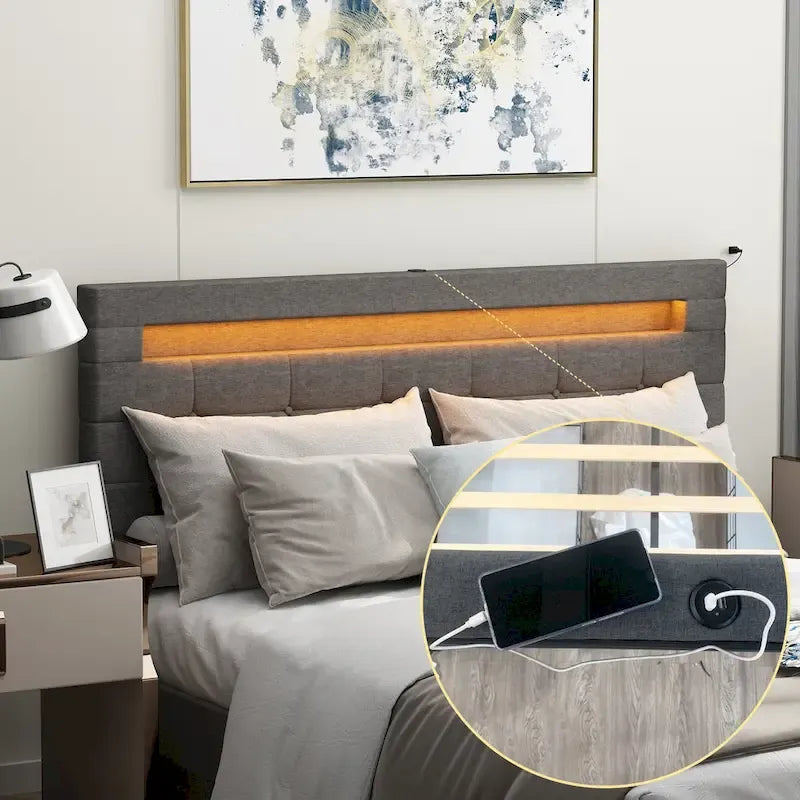 Cadre de lit Queen Size, Tête de lit LED, 4 tiroirs de rangement, Ports de chargement USB, Tissu en lin, Style moderne, Gris, 2 personnes
