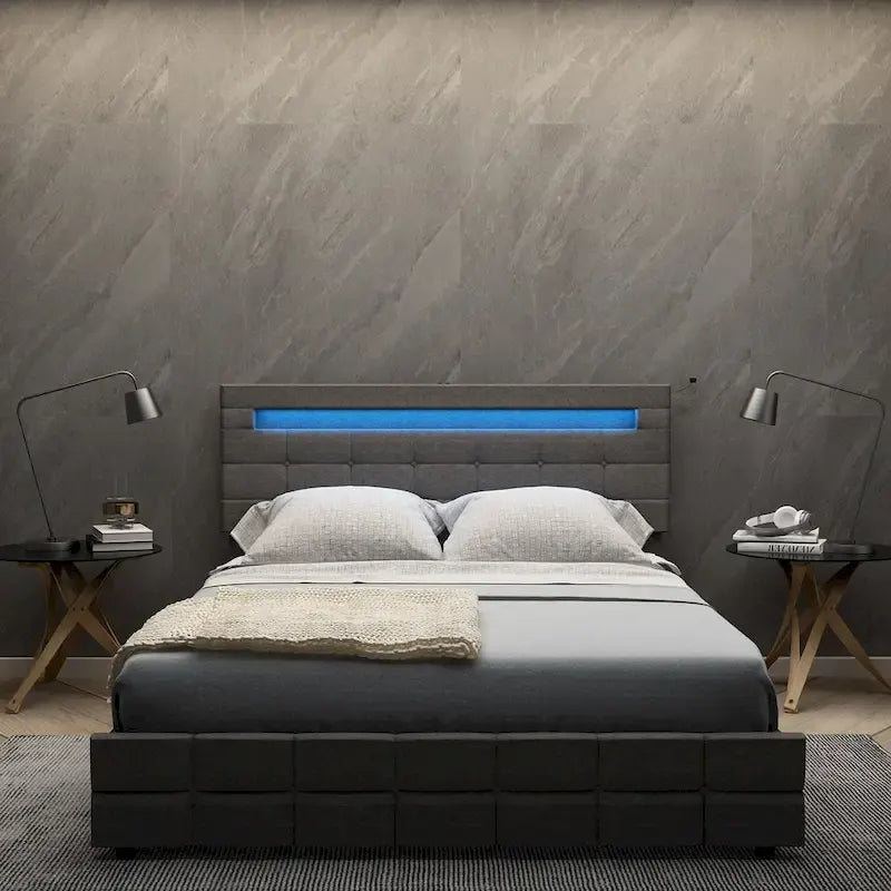 Cadre de lit Queen Size, Tête de lit LED, 4 tiroirs de rangement, Ports de chargement USB, Tissu en lin, Style moderne, Gris, 2 personnes