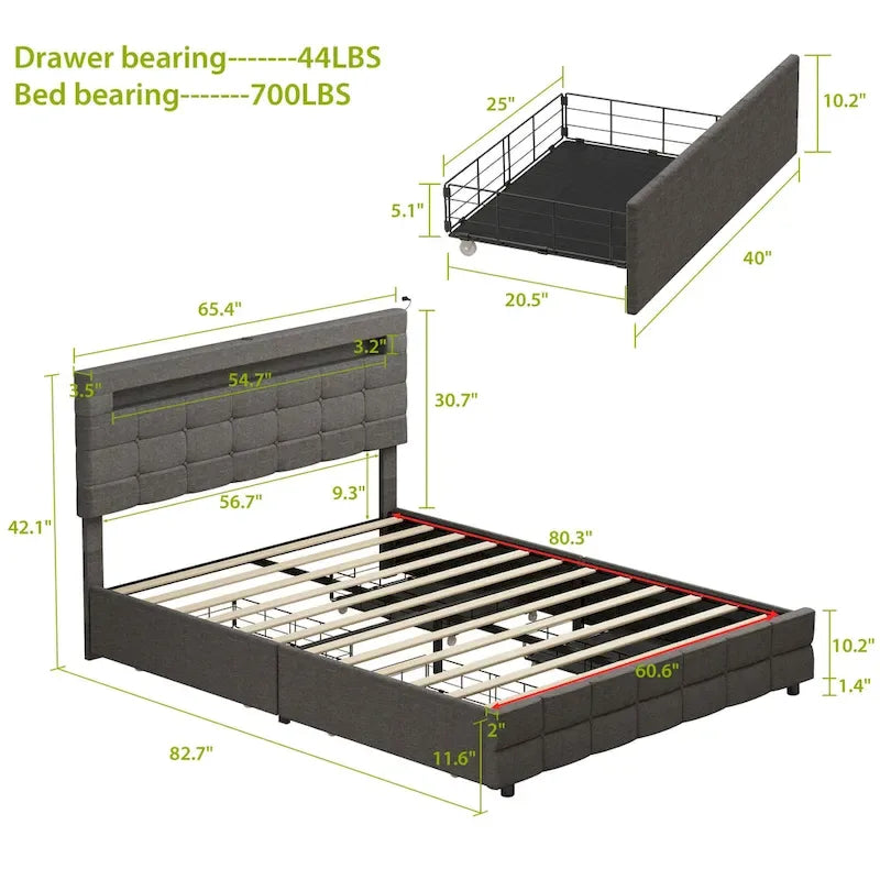 Cadre de lit Queen Size, Tête de lit LED, 4 tiroirs de rangement, Ports de chargement USB, Tissu en lin, Style moderne, Gris, 2 personnes
