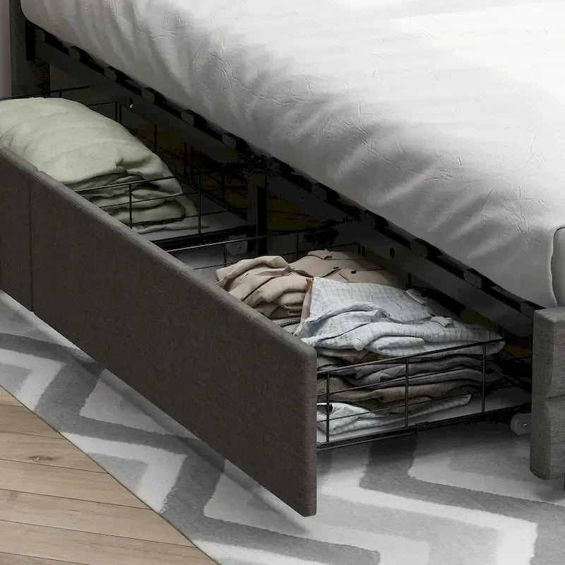 Cadre de lit Queen Size, Tête de lit LED, 4 tiroirs de rangement, Ports de chargement USB, Tissu en lin, Style moderne, Gris, 2 personnes
