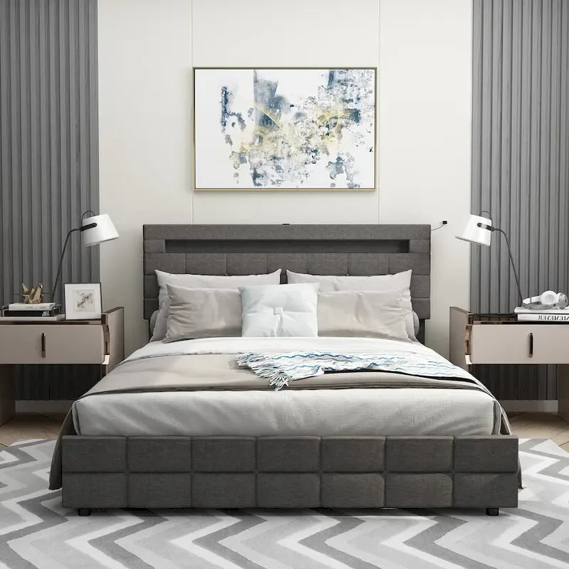 Cadre de lit Queen Size, Tête de lit LED, 4 tiroirs de rangement, Ports de chargement USB, Tissu en lin, Style moderne, Gris, 2 personnes