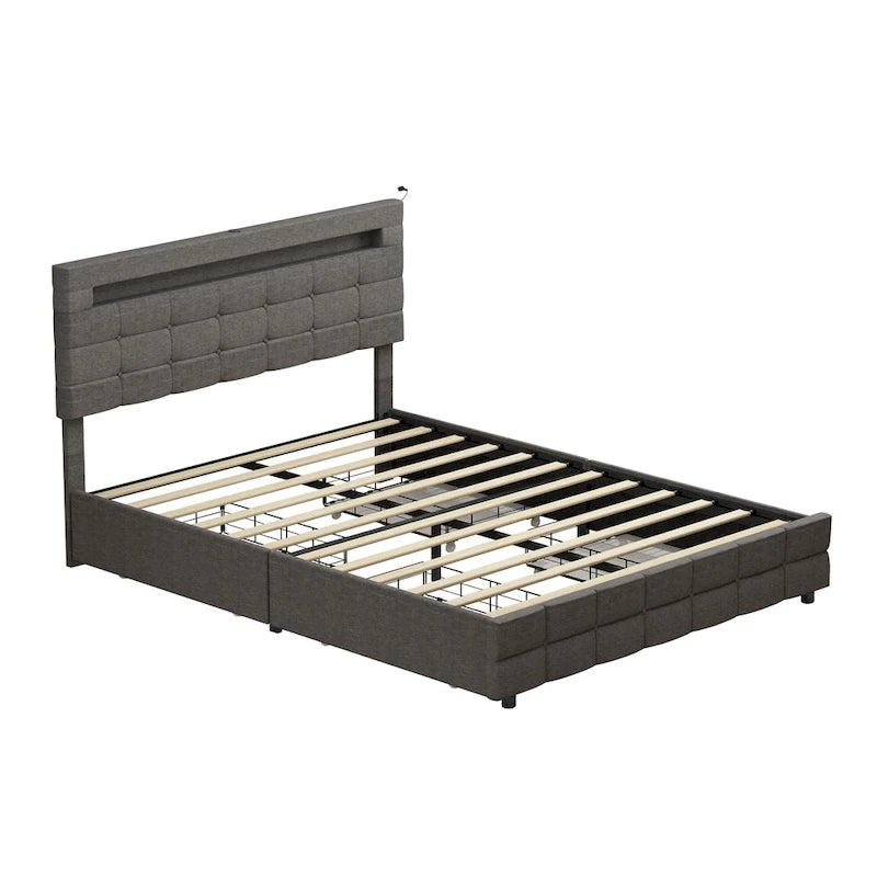 Cadre de lit Queen Size, Tête de lit LED, 4 tiroirs de rangement, Ports de chargement USB, Tissu en lin, Style moderne, Gris, 2 personnes