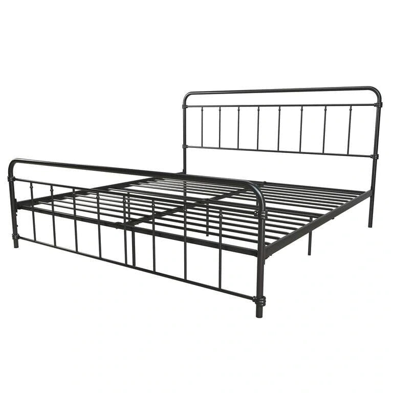 Lit plateforme métallique King Size, tête et pied de lit, coins arrondis, style vintage, noir, 2 personnes