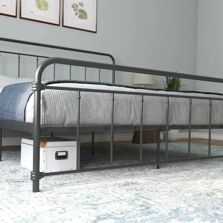 Lit plateforme métallique King Size, tête et pied de lit, coins arrondis, style vintage, noir, 2 personnes
