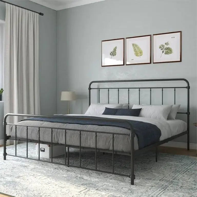 Lit plateforme métallique King Size, tête et pied de lit, coins arrondis, style vintage, noir, 2 personnes