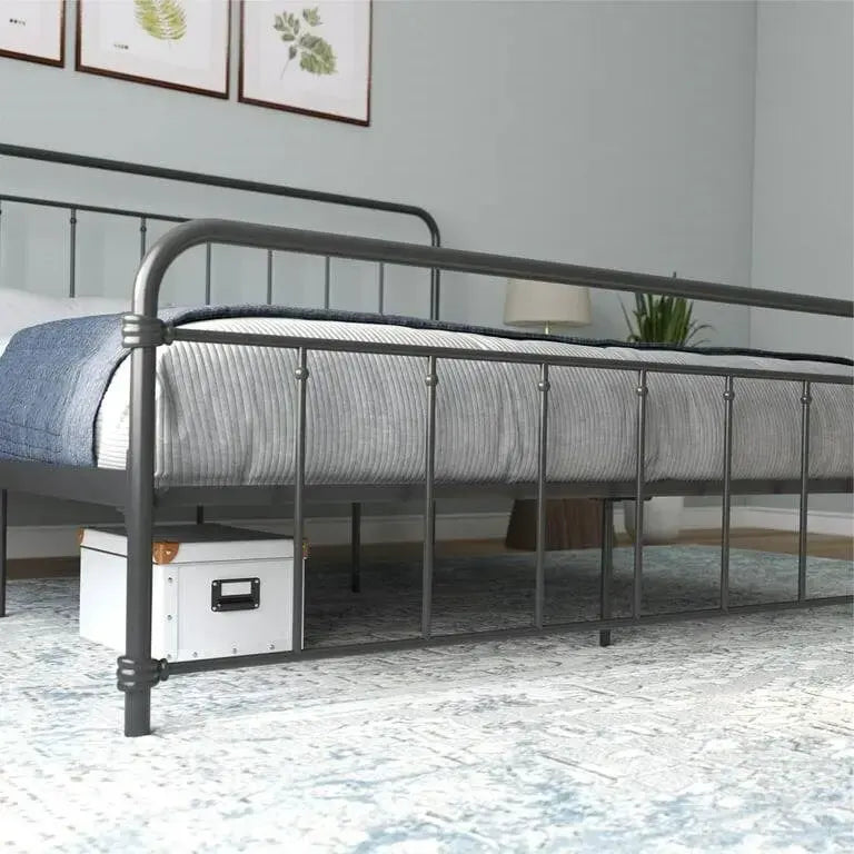 Lit plateforme métallique King Size, tête et pied de lit, coins arrondis, style vintage, noir, 2 personnes