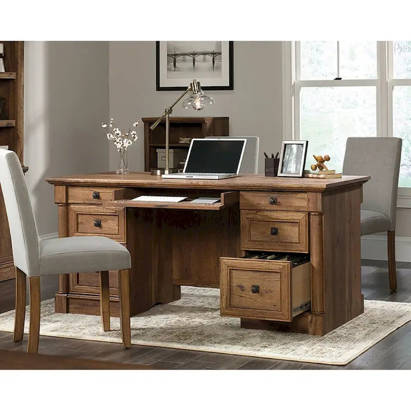 Bureau de direction, tablette de clavier escamotable, 4 tiroirs, tiroir classeur, gestion des câbles, style traditionnel, finition bois / gris, 1 personne