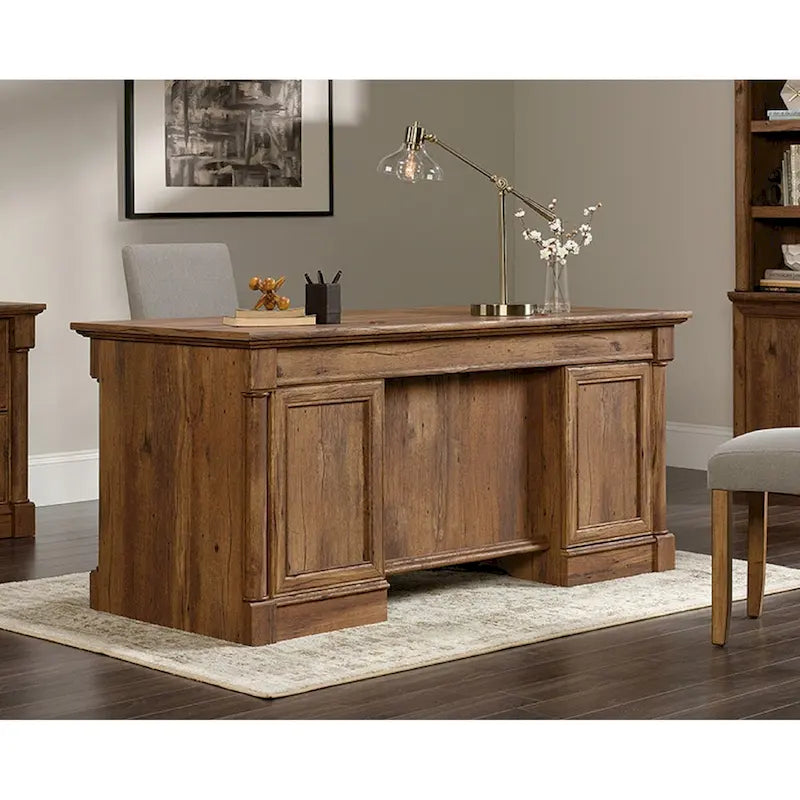 Bureau de direction, tablette de clavier escamotable, 4 tiroirs, tiroir classeur, gestion des câbles, style traditionnel, finition bois / gris, 1 personne
