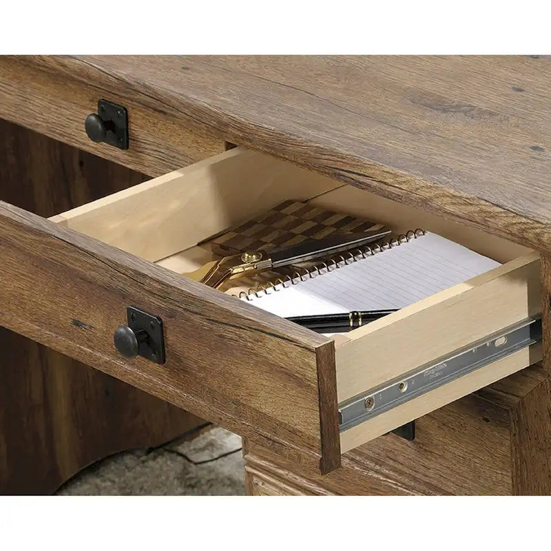 Bureau de direction, tablette de clavier escamotable, 4 tiroirs, tiroir classeur, gestion des câbles, style traditionnel, finition bois / gris, 1 personne
