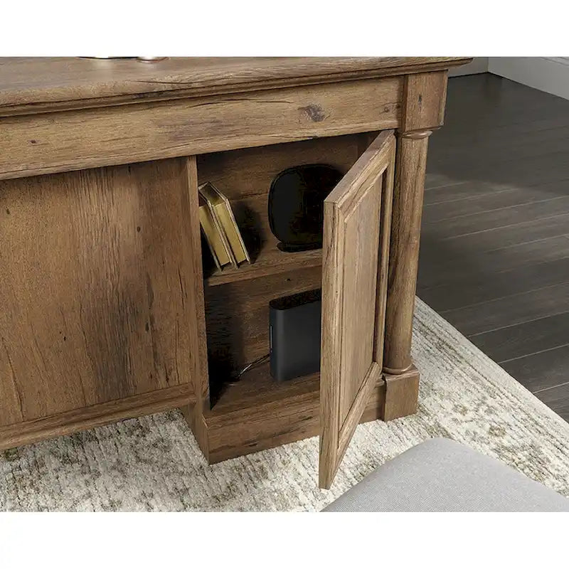 Bureau de direction, tablette de clavier escamotable, 4 tiroirs, tiroir classeur, gestion des câbles, style traditionnel, finition bois / gris, 1 personne