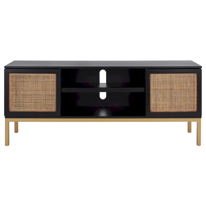 Meuble TV 54 pouces, 2 portes en rotin, 2 étagères, style côtier, noir/blanc/noyer/naturel, 1 unité