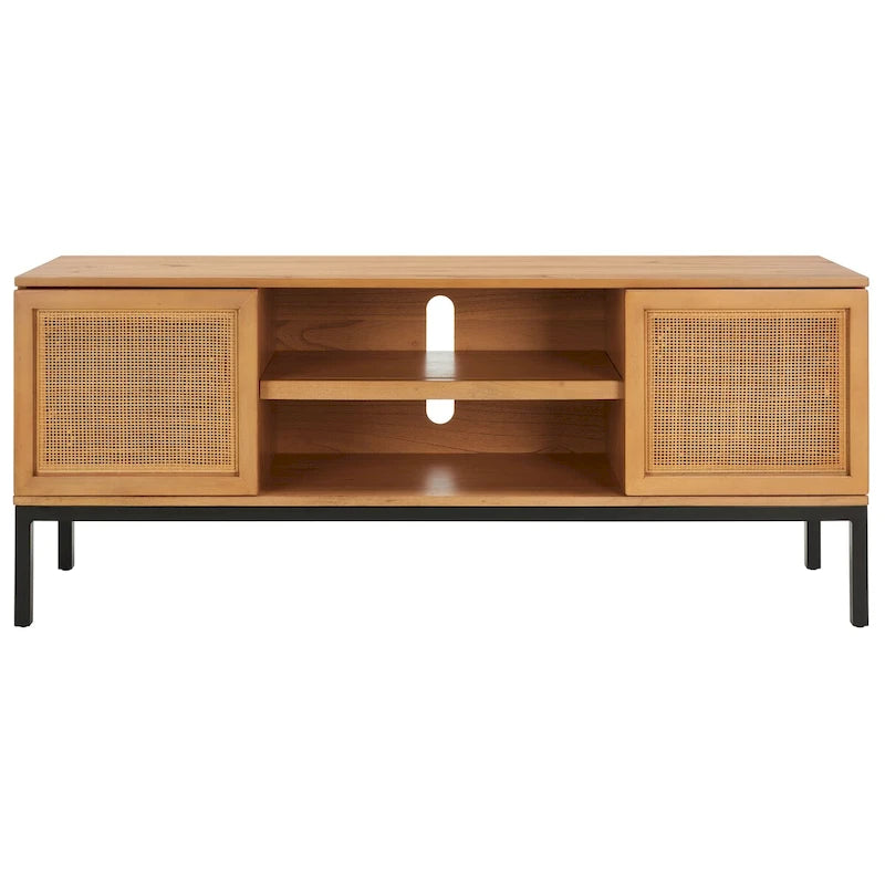 Meuble TV 54 pouces, 2 portes en rotin, 2 étagères, style côtier, noir/blanc/noyer/naturel, 1 unité