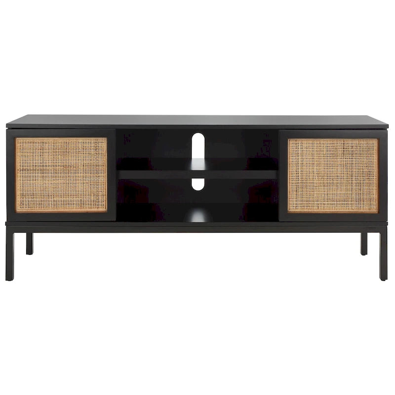 Meuble TV 54 pouces, 2 portes en rotin, 2 étagères, style côtier, noir/blanc/noyer/naturel, 1 unité