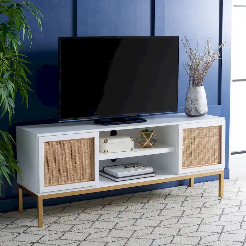 Meuble TV 54 pouces, 2 portes en rotin, 2 étagères, style côtier, noir/blanc/noyer/naturel, 1 unité