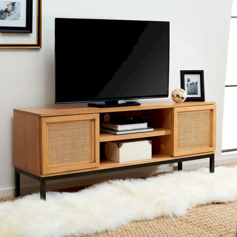 Meuble TV 54 pouces, 2 portes en rotin, 2 étagères, style côtier, noir/blanc/noyer/naturel, 1 unité