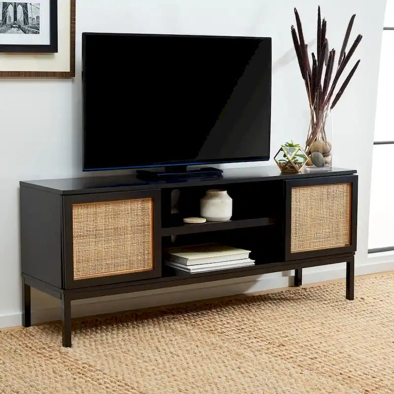 Meuble TV 54 pouces, 2 portes en rotin, 2 étagères, style côtier, noir/blanc/noyer/naturel, 1 unité