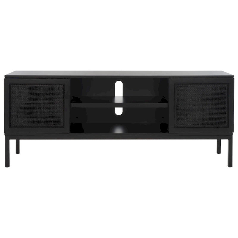 Meuble TV 54 pouces, 2 portes en rotin, 2 étagères, style côtier, noir/blanc/noyer/naturel, 1 unité