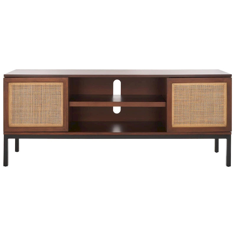 Meuble TV 54 pouces, 2 portes en rotin, 2 étagères, style côtier, noir/blanc/noyer/naturel, 1 unité