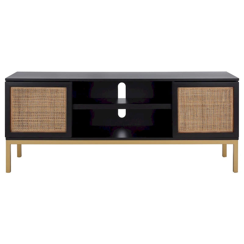 Meuble TV 54 pouces, 2 portes en rotin, 2 étagères, style côtier, noir/blanc/noyer/naturel, 1 unité