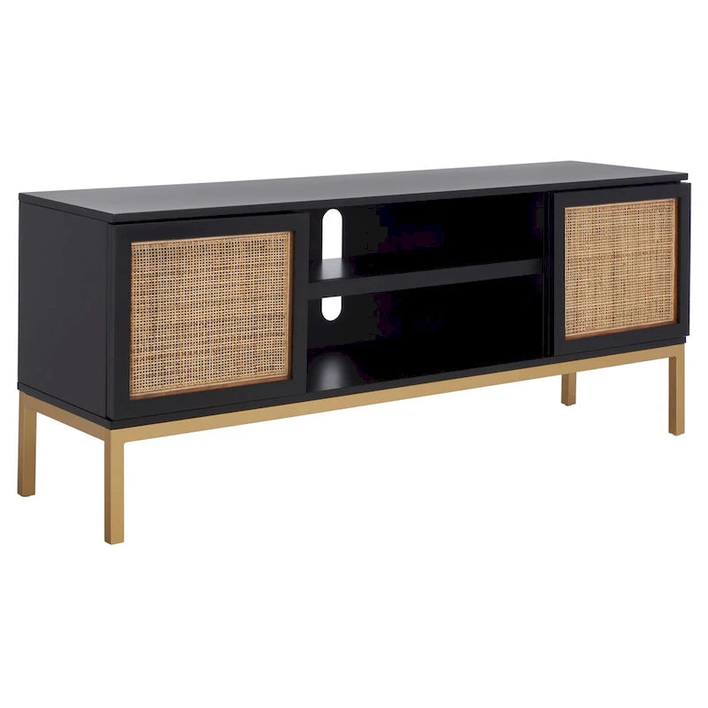 Meuble TV 54 pouces, 2 portes en rotin, 2 étagères, style côtier, noir/blanc/noyer/naturel, 1 unité