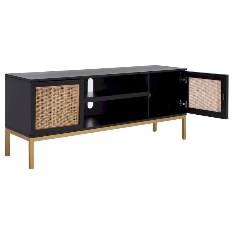 Meuble TV 54 pouces, 2 portes en rotin, 2 étagères, style côtier, noir/blanc/noyer/naturel, 1 unité