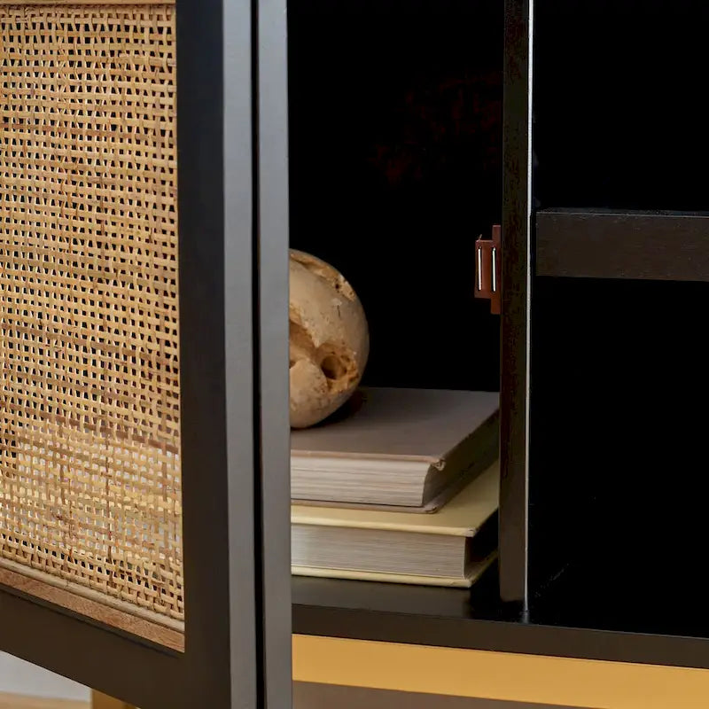 Meuble TV 54 pouces, 2 portes en rotin, 2 étagères, style côtier, noir/blanc/noyer/naturel, 1 unité