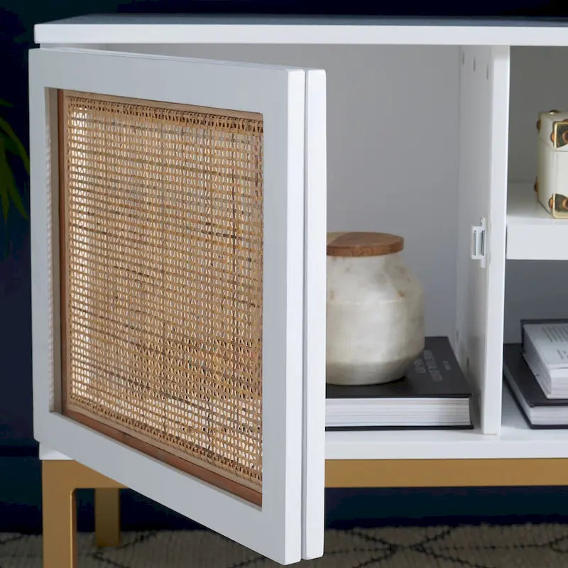 Meuble TV 54 pouces, 2 portes en rotin, 2 étagères, style côtier, noir/blanc/noyer/naturel, 1 unité