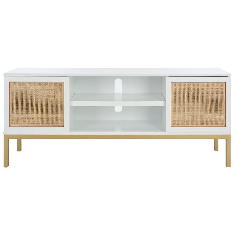 Meuble TV 54 pouces, 2 portes en rotin, 2 étagères, style côtier, noir/blanc/noyer/naturel, 1 unité