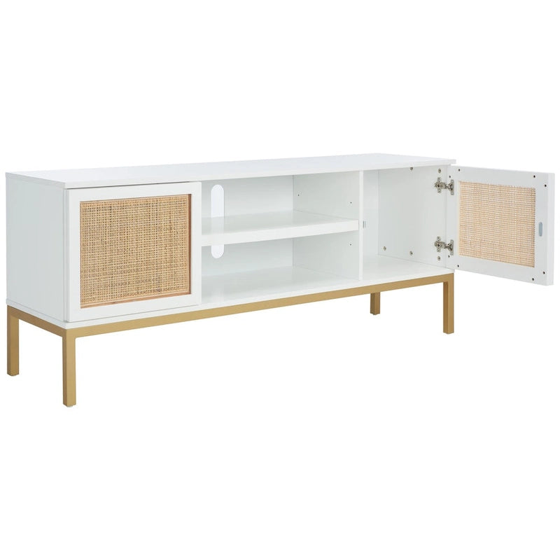 Meuble TV 54 pouces, 2 portes en rotin, 2 étagères, style côtier, noir/blanc/noyer/naturel, 1 unité