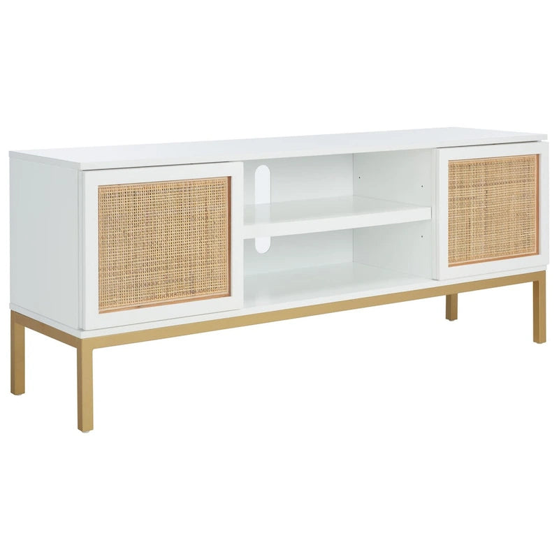 Meuble TV 54 pouces, 2 portes en rotin, 2 étagères, style côtier, noir/blanc/noyer/naturel, 1 unité