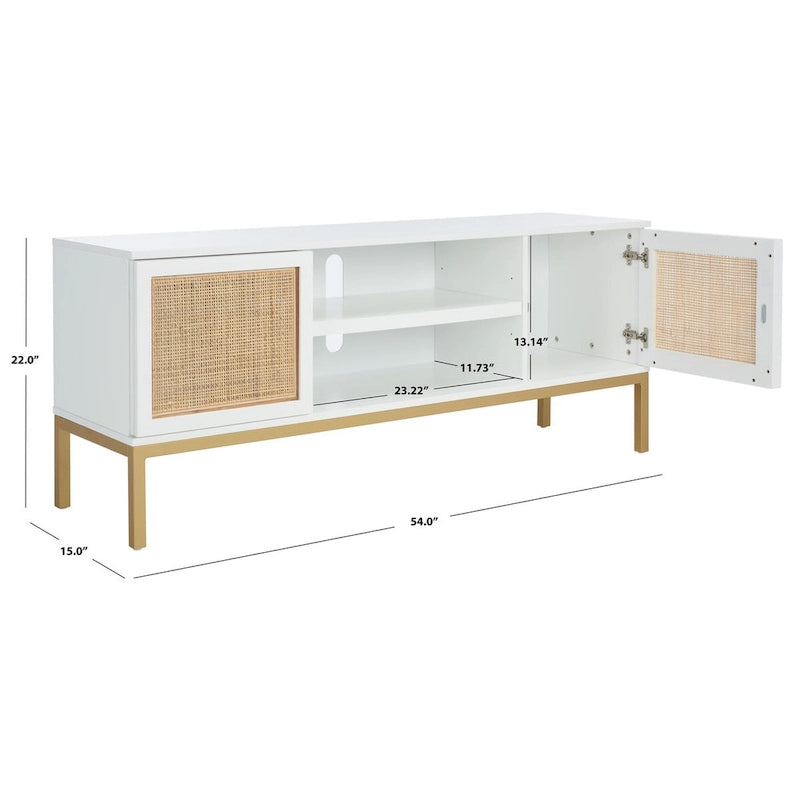 Meuble TV 54 pouces, 2 portes en rotin, 2 étagères, style côtier, noir/blanc/noyer/naturel, 1 unité