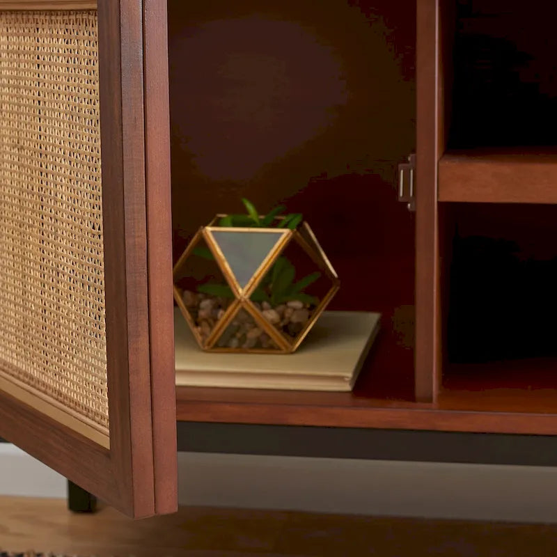 Meuble TV 54 pouces, 2 portes en rotin, 2 étagères, style côtier, noir/blanc/noyer/naturel, 1 unité