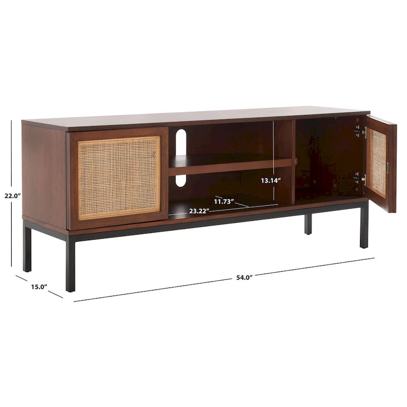 Meuble TV 54 pouces, 2 portes en rotin, 2 étagères, style côtier, noir/blanc/noyer/naturel, 1 unité