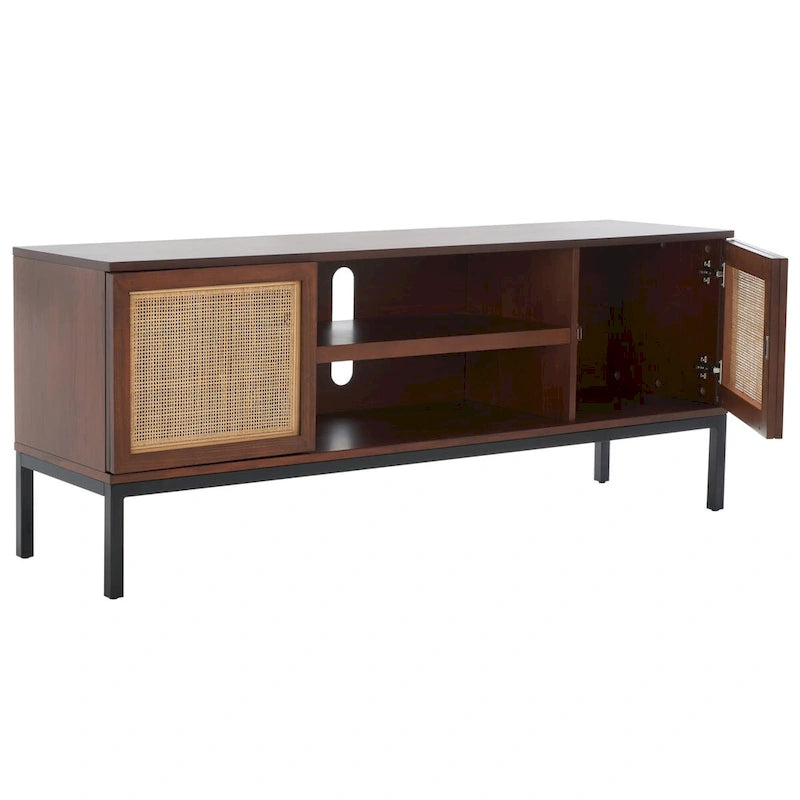 Meuble TV 54 pouces, 2 portes en rotin, 2 étagères, style côtier, noir/blanc/noyer/naturel, 1 unité