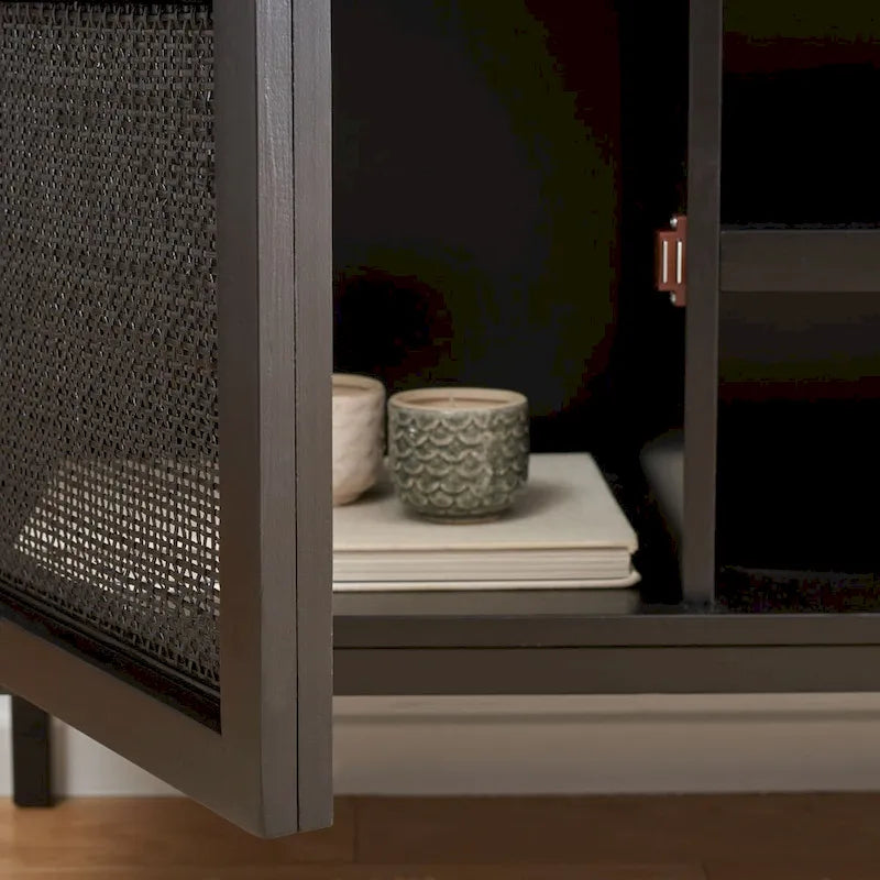 Meuble TV 54 pouces, 2 portes en rotin, 2 étagères, style côtier, noir/blanc/noyer/naturel, 1 unité